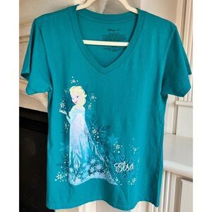 Disney Frozen Elsa Tee Women’s V-neck Aqua Teal Graphic T-Shirt Size Large